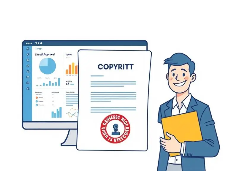 Vector illustration of copyright approval for AI-generated voiceover, including a TTS dashboard, legal document with “Copyright” stamp, and a business owner smiling with rights folder