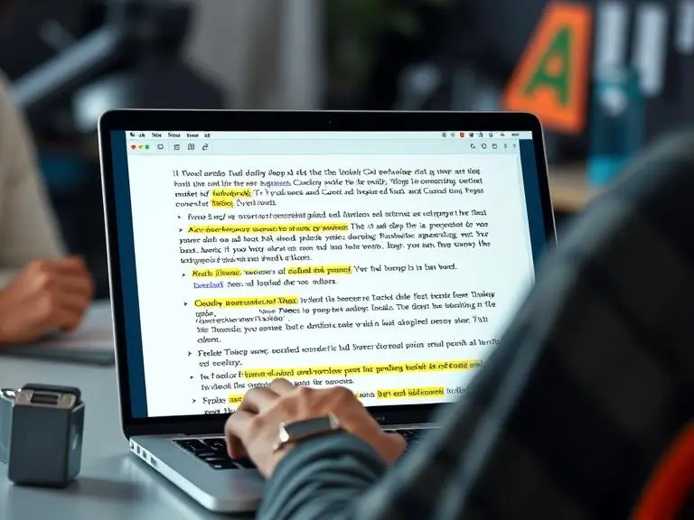 Prompt: A digital content creator using an AI writing assistant to draft a long-form blog, with highlighted SEO keywords and structured headings on a modern laptop screen — tech-savvy workspace background.