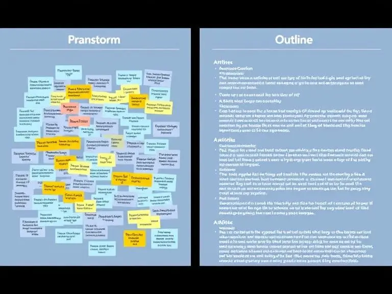A side-by-side screen showing a messy brainstorm on one side and a clean, AI-generated article outline on the other.