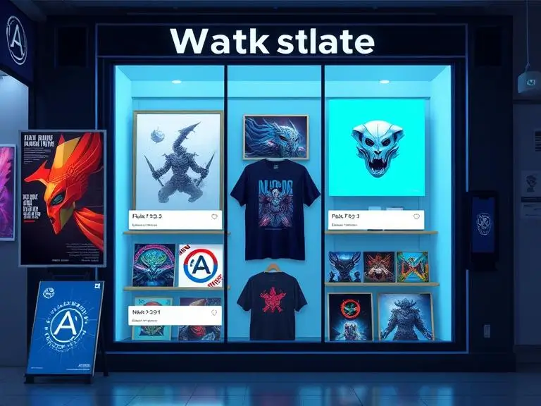 A digital marketplace storefront showing AI-generated posters, t-shirts, and NFT artwork collections displayed for sale.