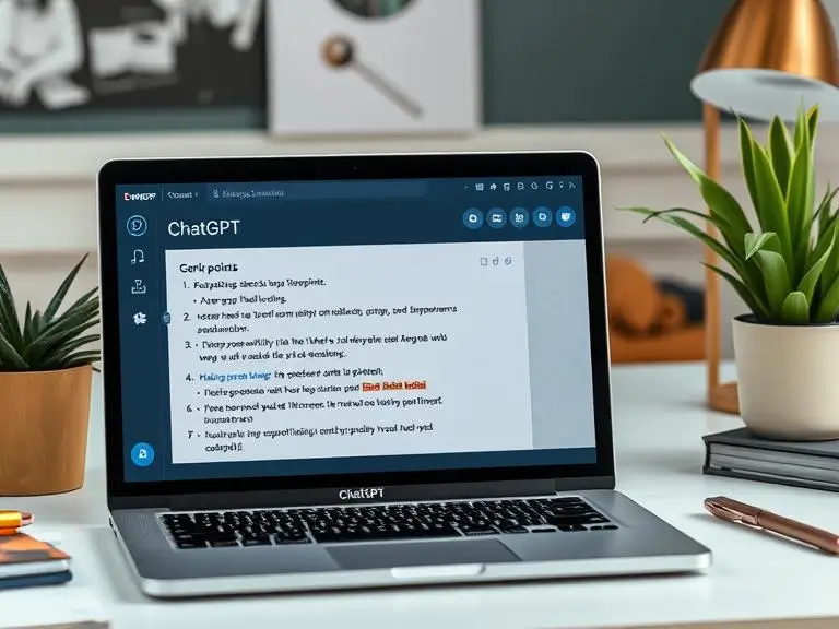 Prompt: A creative workspace with ChatGPT running on a laptop, showing a script being generated with bullet points and narrative suggestions – cozy and tech-savvy setup.