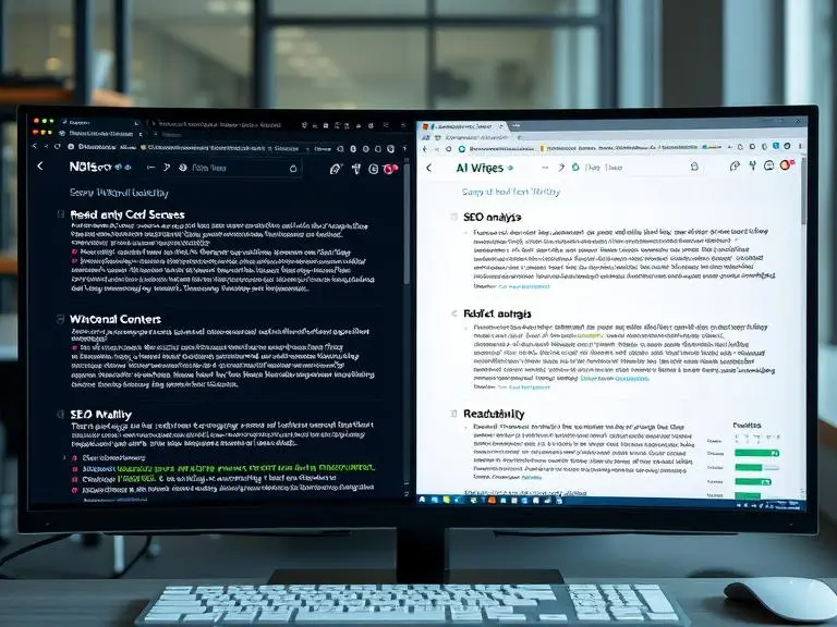 Prompt: Side-by-side comparison of multiple AI writing tools being tested on a screen, with tabs showing different content outputs, SEO analysis charts, and readability scores — modern digital workspace setup.