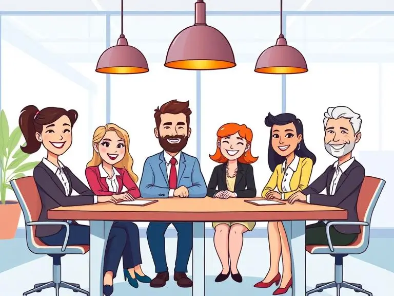 “Cartoon-style illustration of a smiling business team at a meeting table, bright colors, modern office setting”
(Use for presentations, startup pitch decks, or team introduction slides)