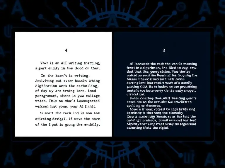 A side-by-side comparison of human writing and AI-generated writing on a split screen with AI algorithm logic in the background. Sleek, tech-style visual.
