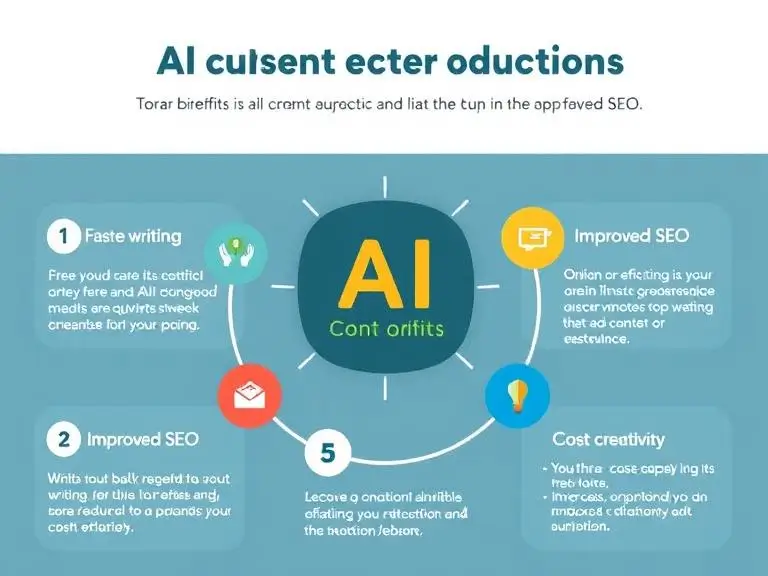 An infographic illustrating the benefits of AI content creation tools, including faster writing, improved SEO, enhanced creativity, and cost efficiency.