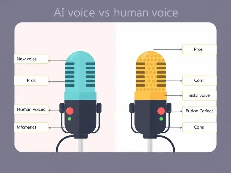 Illustration of AI voice vs human voice comparison, two microphones side-by-side with labeled pros and cons, flat vector infographic style