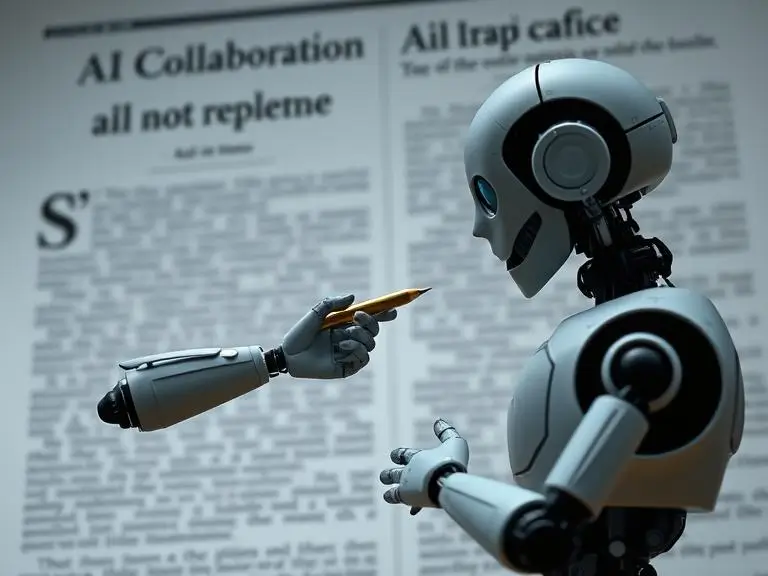 A creative illustration of a robot handing a pen to a human writer, with a blurred article in the background, symbolizing collaboration not replacement.
Place this image under this section to visually communicate the AI-human teamwork concept.