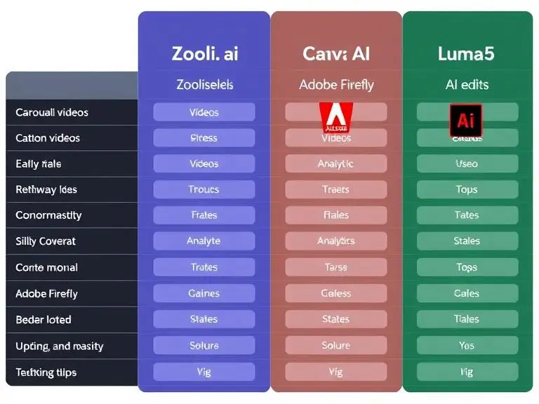 A side-by-side feature comparison table showing Zooli.ai, Canva AI, Adobe Firefly, and Lumen5 with icons for carousels, videos, analytics, and AI editing.