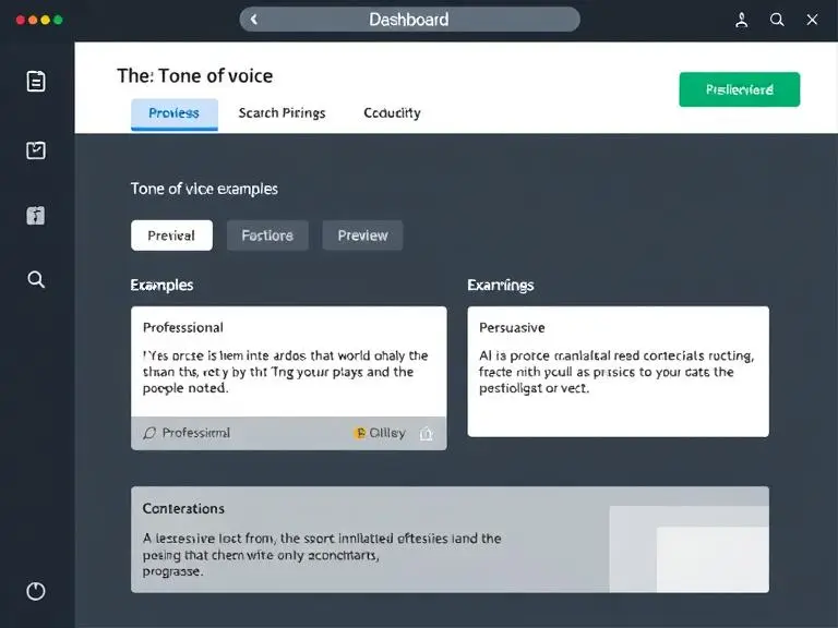 A dashboard view showing different tone-of-voice options with examples like “Professional”, “Conversational”, “Persuasive”, with a preview section on the side.