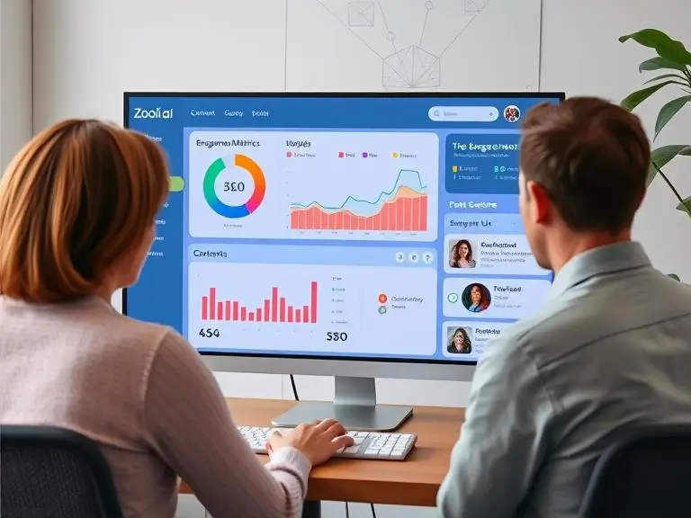 "A content strategist reviewing an AI-powered dashboard showing SEO score, engagement metrics, and content suggestions with Zooli.ai interface on the screen"