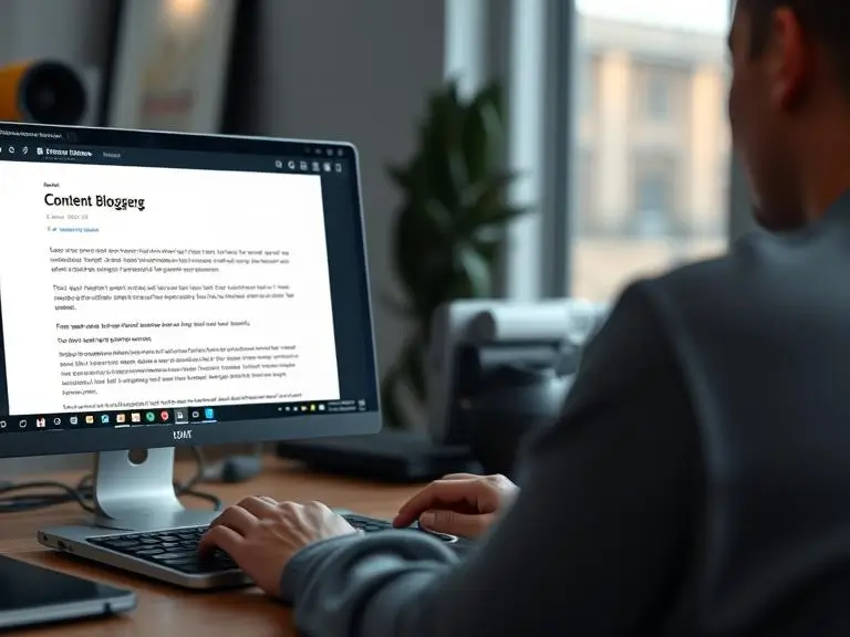 “A blogger using an AI content platform to generate SEO-friendly blog articles with keyword suggestions and formatting tools visible on screen.”