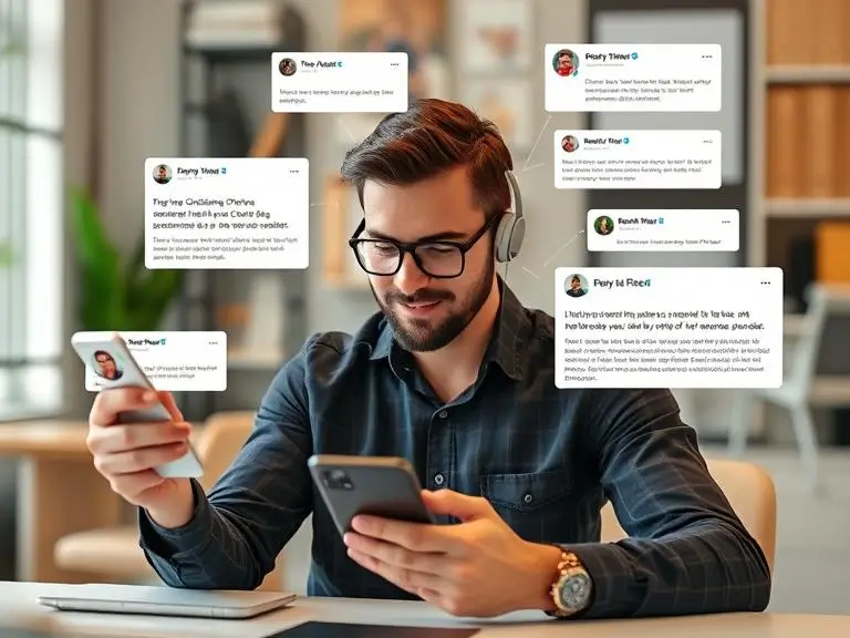 A social media manager working on multiple devices with AI tools open, simultaneously generating Instagram captions and LinkedIn bios.