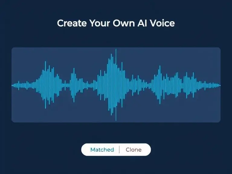A voice cloning interface showing a waveform being matched and cloned, with label “Create Your Own AI Voice”