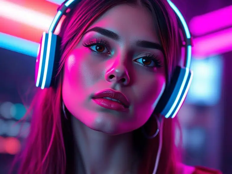 “Portrait of a woman wearing neon headphones, cyberpunk background, glowing skin, digital art style”
(Great for social media avatar and portrait use-case visuals)