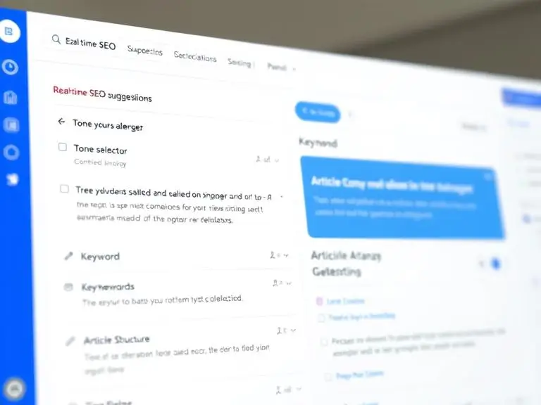 A focused image of the Zooli.ai interface showing real-time SEO suggestions, tone selector, keyword tracking, and article structure panel. White and blue theme, modern UI.