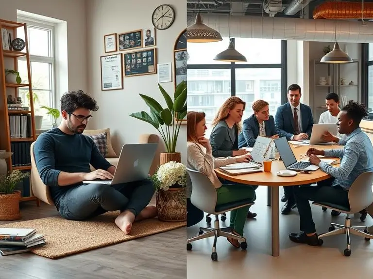 "A split-screen image showing an individual content creator working on a laptop in a cozy home office, and a busy marketing team collaborating in a modern office space."