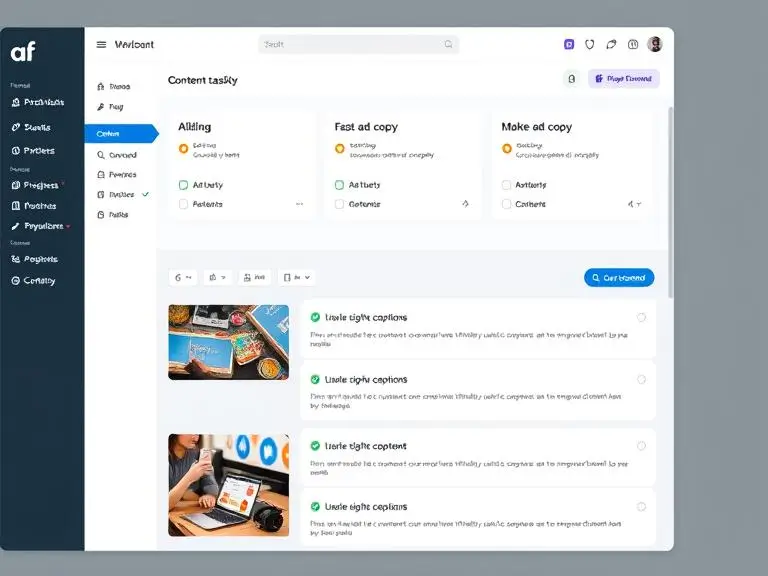 Prompt: An AI tool dashboard showing multiple content tasks (blog, ad copy, captions) being generated simultaneously — clean UI with checkboxes and progress indicators, digital workspace vibe.