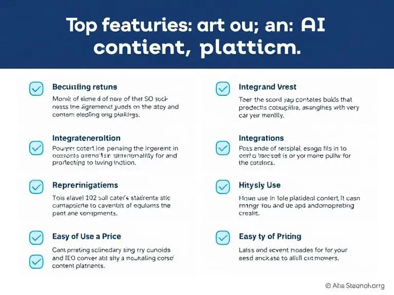 “Checklist graphic showing the top features of an AI content platform, including SEO support, integrations, ease of use, and pricing.”