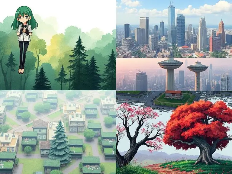 A grid of AI-generated images each in different styles: watercolor forest, pixelated cityscape, anime character, and photorealistic still life, all created by one platform.