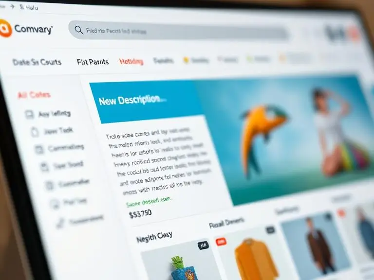 Close-up of an e-commerce website admin dashboard with AI-generated product descriptions and ad copy displayed next to product images.