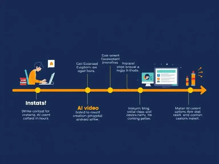 “A visual timeline comparing manual content creation (writer working for hours) vs AI content creation platform delivering blog, video, and social captions instantly.”