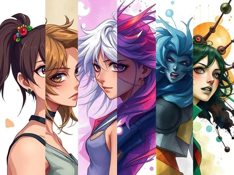 A split-screen showcasing five different artistic styles (anime, cyberpunk, watercolor, fantasy, abstract) of the same subject generated by Zooli.ai.