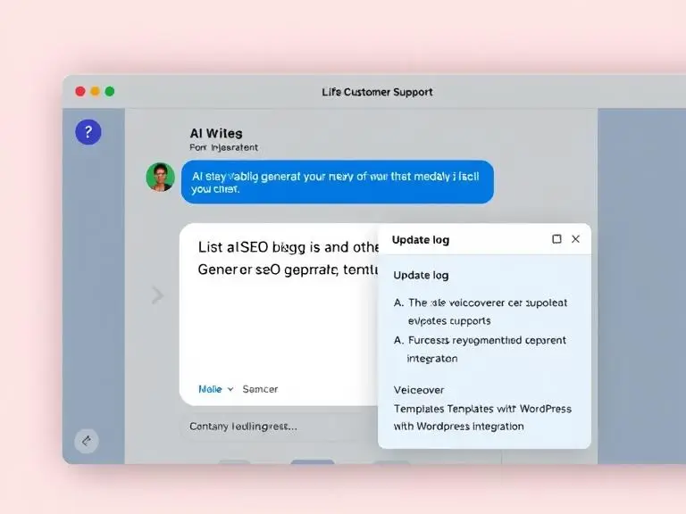 Prompt: Live customer support chat on an AI writing tool with user asking about SEO blog generation — side panel shows tool’s update log with new features like voiceover, templates, and WordPress integration.