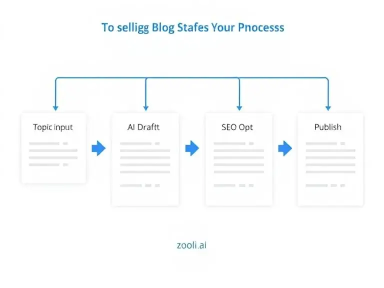 "Step-by-step flowchart showing blog creation process: Topic input > AI Draft > Custom Edit > SEO Optimization > Publish, with Zooli.ai logo on each step"