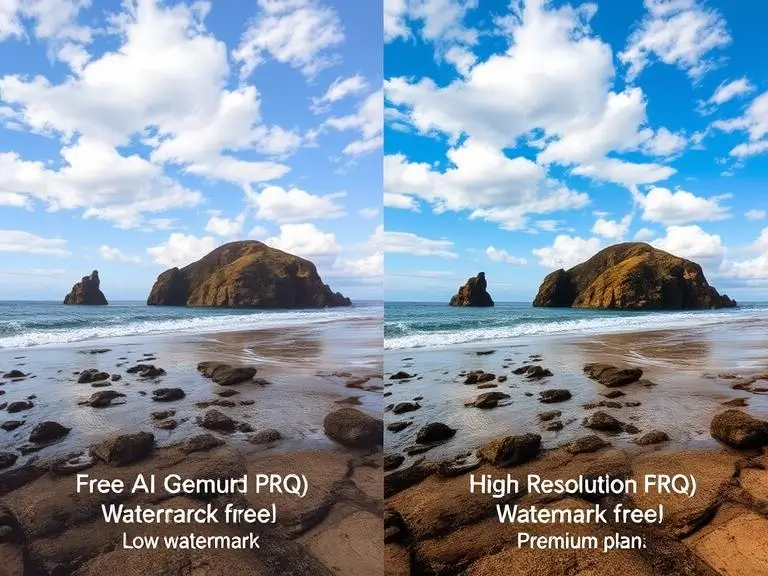 A side-by-side visual showing a free AI-generated image with a watermark and low resolution, next to a high-resolution, watermark-free version available through a premium plan.