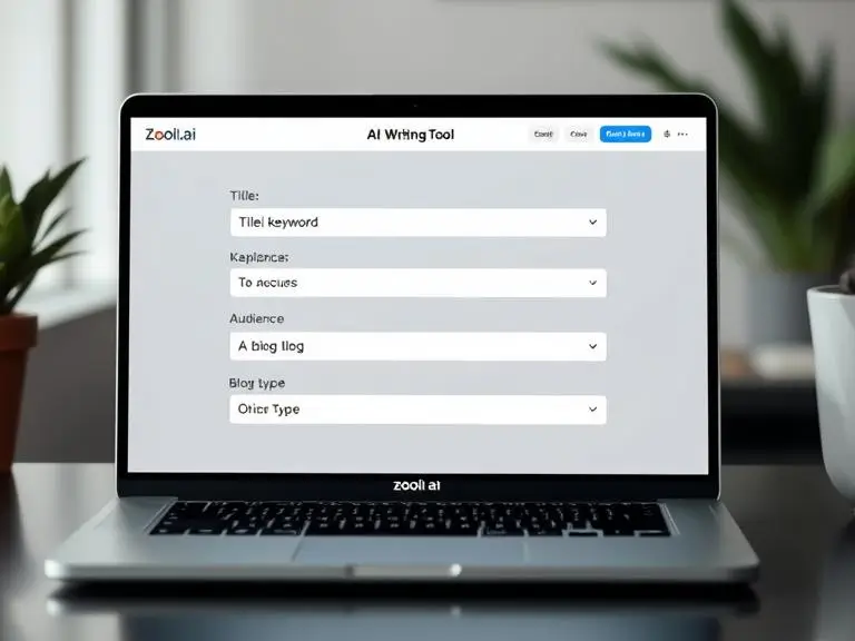 "A clean AI writing tool interface showing input fields for title, keyword, audience, and blog type on a modern laptop screen labeled Zooli.ai"