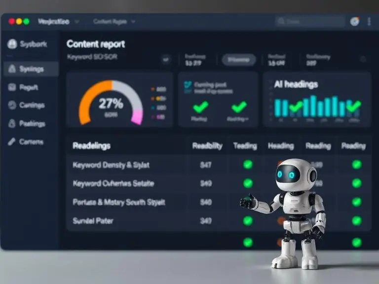 A content report dashboard showing keyword density, SEO score, and green checkmarks for headings and readability metrics, with a small robot assisting a content writer.
Place this image after this FAQ to highlight AI and SEO synergy visually.