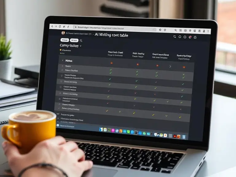 Prompt: User browsing a detailed comparison table of AI writing tools with a checklist of features, star ratings, and notes — viewed on a laptop with a coffee mug nearby, professional desk setting.