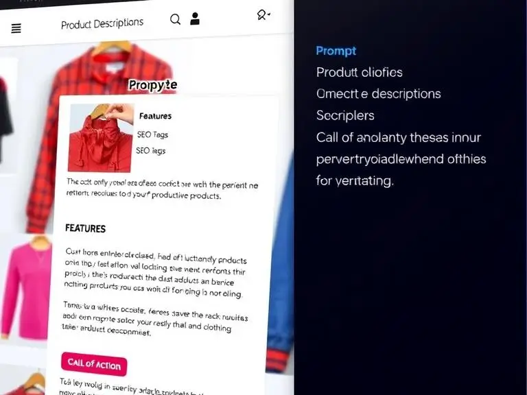 Prompt: An AI writing assistant generating product descriptions for a clothing eCommerce site, with sections for title, features, SEO tags, and call-to-action — vibrant product mockups in the background.