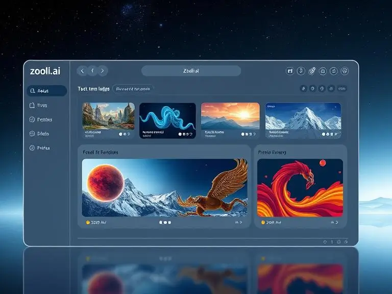 A clean, futuristic Zooli.ai dashboard with text prompt input and real-time art rendering preview, showing different artistic outputs on one screen.