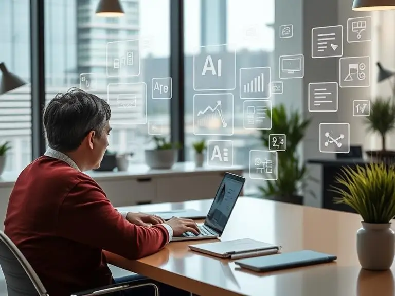 “Modern workspace with a person using an AI content tool on a laptop, with visual graphs, AI-generated text, and content blocks appearing in the air.”