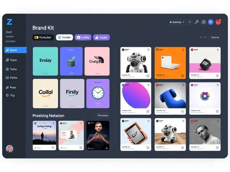 A modern Zooli.ai dashboard displaying a brand kit on one side and multiple AI-generated social media visuals previewed for platforms like Instagram, LinkedIn, and YouTube.