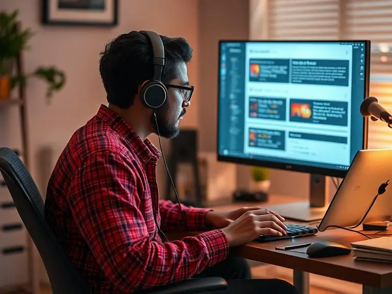 “A creator sitting in front of a screen with an AI assistant suggesting blog titles, social media hooks, and engaging content angles.”