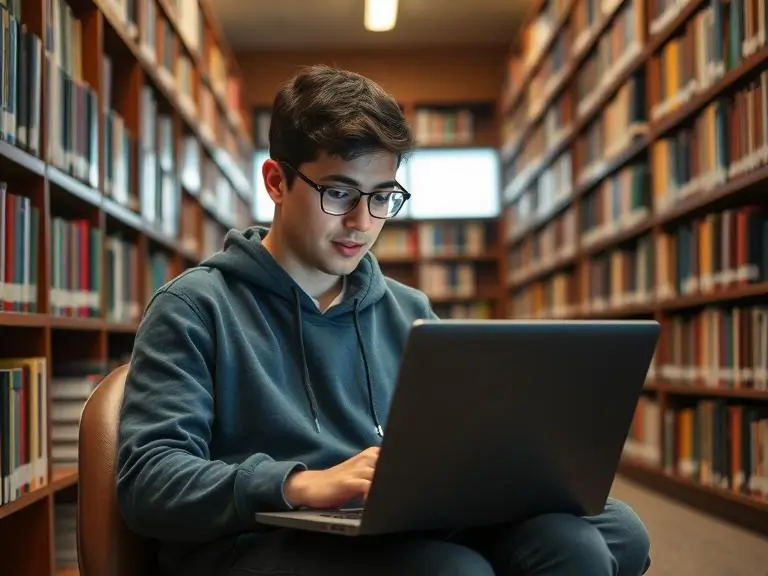 A student sitting in a library working on a laptop, with the AI tool showing real-time grammar corrections and writing tips.