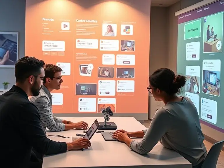 A collaborative AI content platform where team members from sales, marketing, and design are inputting prompts and reviewing visuals in real-time for a coordinated campaign rollout.
