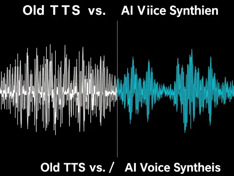 Side-by-side comparison of robotic TTS waveform vs. natural AI voice waveform labeled “Old TTS vs. AI Voice Synthesis”