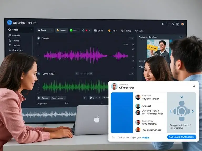 Team collaborating on an AI voiceover platform dashboard, showing live editing, audio waveform, popup comments, and user avatars with role tags