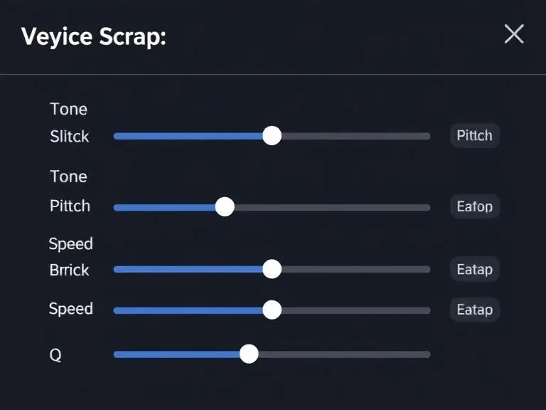 A voice customization panel showing sliders for tone, pitch, speed, and emotion tags being adjusted