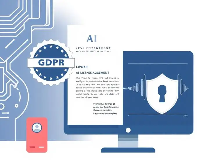 Illustration showing AI voice data security with a GDPR compliance badge, legal license agreement, and protected voice waveform UI on screen