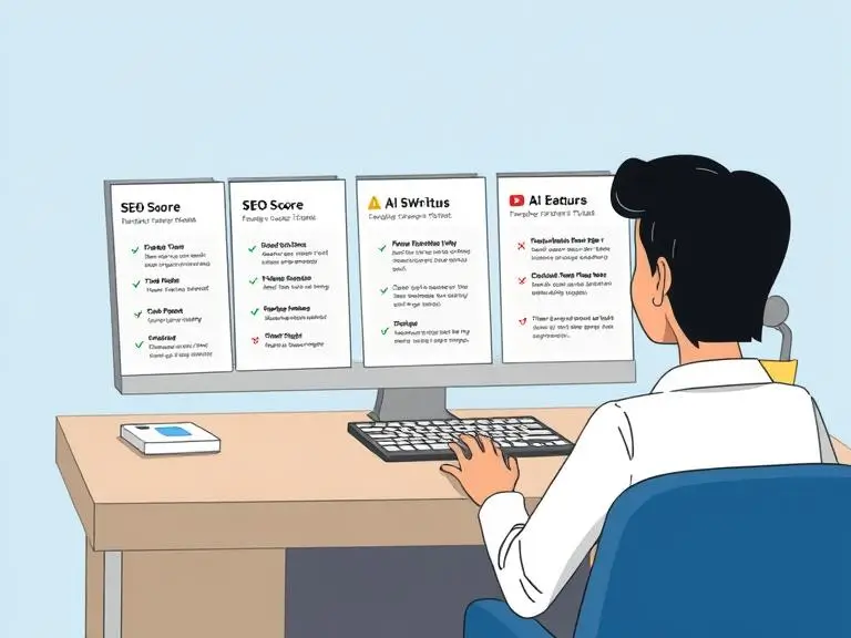 An illustration showing a person at a desk comparing different AI writing tools on a laptop screen, each showing features like SEO score, pricing plans, and tone settings. Clean interface with thoughtful expressions.