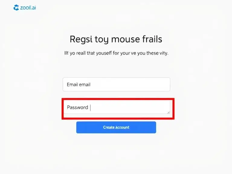 A user-friendly registration interface on Zooli.ai with fields for email, password, and "Create Account" button highlighted