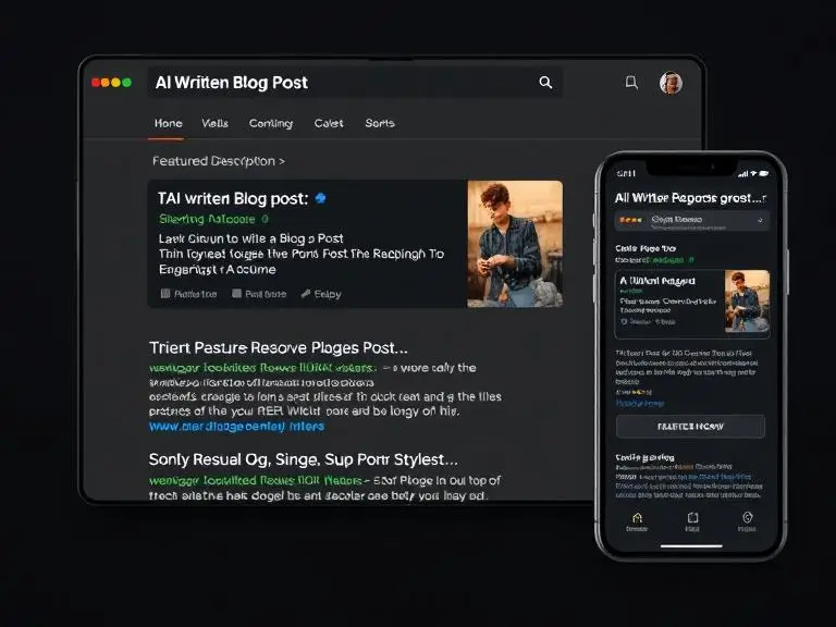 A search engine results page (SERP) mockup showing an AI-written blog post ranking on top, with rich snippets, featured images, and meta description. Sleek interface on desktop and mobile views.