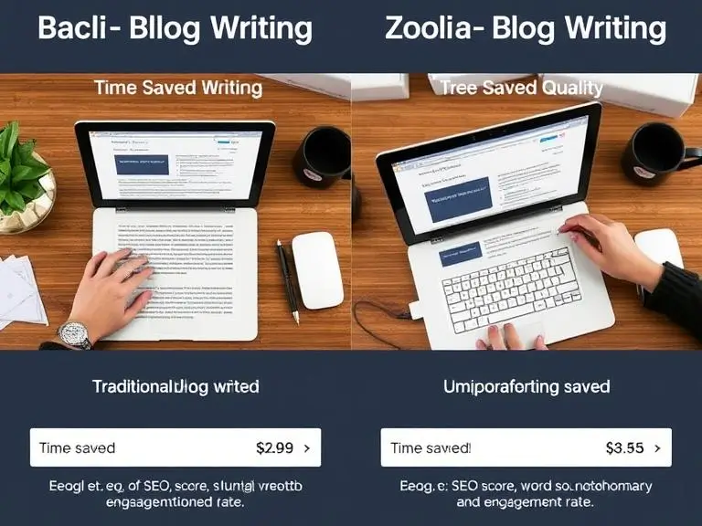 Side-by-side comparison of traditional blog writing vs Zooli.ai blog writing, showing time saved and blog quality differences (e.g., SEO score, word count, engagement rate).