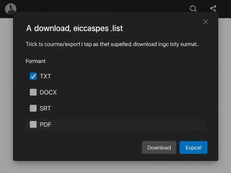 Prompt: “A download/export screen showing multiple format options like TXT, DOCX, SRT, PDF, with checkboxes selected and a download button highlighted.”