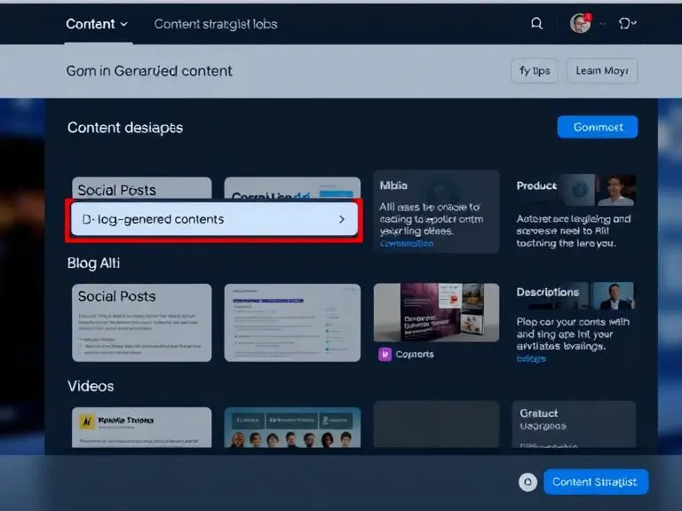 “A content strategist choosing between types of AI-generated content including blogs, social posts, videos, and product descriptions displayed on a modern interface.”