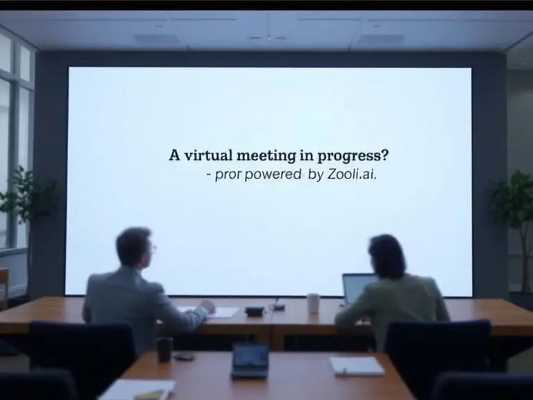Prompt: “A virtual meeting in progress with real-time transcription appearing live on the right-hand side of the screen, powered by Zooli.ai.”